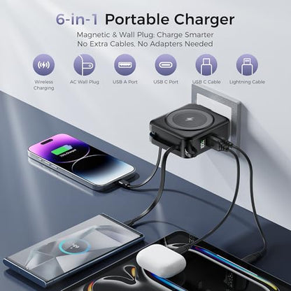 10000mAh Portable Charger Power Bank Built in Cables&Wall Plug - color: Black