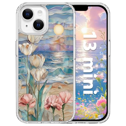 for iPhone 13 Mini 5.4" Magnetic Case[Compatible with MagSafe]Aesthetic Vintage Stained Glass Bloom Flower Design, Slim Fit Hard PC Back Shockproof Cute Clear Phone Cover, Sunset Coastal Garden - color: Sunset Coastal Garden, size: iPhone 13 Mini