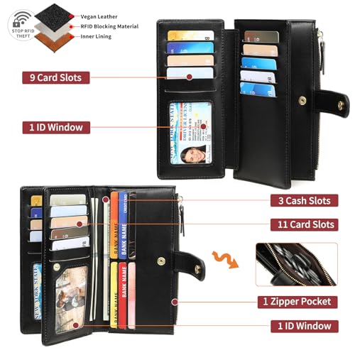GAEKEAO Womens Wallet RFID Blocking Trifold Large Capacity Ladies Vegan Leather Wallet Floral Multi Card Holder Organizer - color: Y01-Khaki
