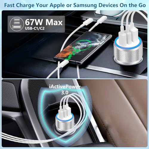 Apple MFi Certified iPhone 17 Car Charger, 3Port 67W PD/QC3.0 Power Adapter - color: Carbon Fiber Silver