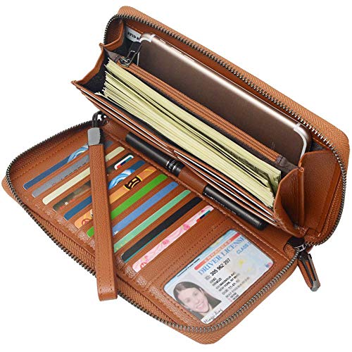 Bveyzi Women RFID Blocking Wallet Leather Zip Around Phone Clutch Large Capacity Ladies Travel Purse Wristlet - color: Brown