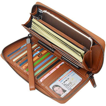 Bveyzi Women RFID Blocking Wallet Leather Zip Around Phone Clutch Large Capacity Ladies Travel Purse Wristlet - color: Brown