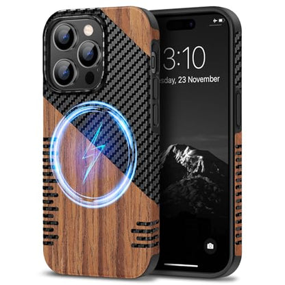 TENDLIN Magnetic Case Compatible with iPhone 14 Pro Case Wood Grain with Carbon Fiber Texture Design Leather Hybrid Slim Cover (Compatible with MagSafe) Twill - color: Magnetic Twill, size: iPhone 14 Pro