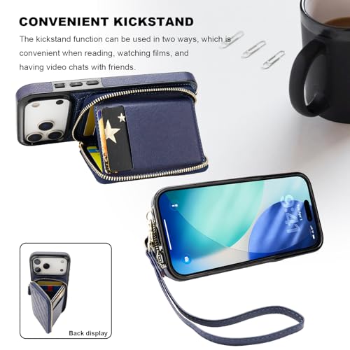 Bocasal Crossbody Wallet Case Card Holder for iPhone 17 Pro Max Dark Blue | RFID Blocking PU Leather Zipper Handbag Purse, Kickstand Flip Folio Case with Card Slots Holder Wrist Strap Lanyard 6.9 Inch - color: Dark Blue