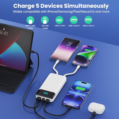 Portable Charger 40800mAh Power Bank,Built-in Cables,25W Fast Charging - color: White