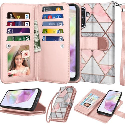 Njjex Galaxy A36 5G Case, for Samsung Galaxy A36 5G Wallet Case, [9 Card Slots] PU Leather ID Credit Holder Folio Flip [Detachable] Kickstand Magnetic Phone Cover & Lanyard for Samsung A36 [Marble] - color: Marble Pink