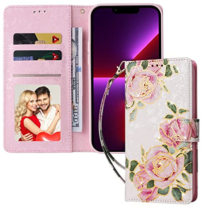 UEEBAI Wallet Case for Samsung Galaxy S22 Ultra 5G, PU Leather Kickstand RFID Blocking Flip With Card Slots, Wrist Strap, Relief Engraved Pattern, Magnetic Closure - White Rose Flower Folio - color: White Rose, size: Samsung Galaxy S22 Ultra 5G