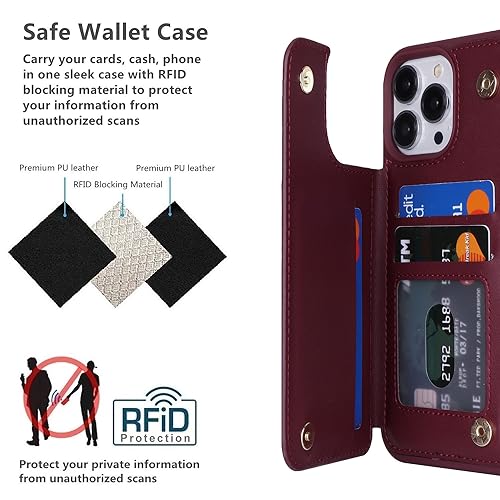 iCoverCase Compatible with iPhone 13 Pro Case with Card Holder, Wallet Phone Case for Women Men RFID Blocking PU Leather Protective Case 6.1 Inch (Wine Red) - color: Wine Red