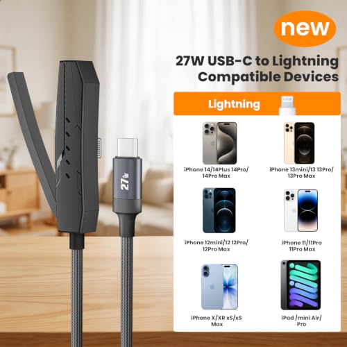 USB C to Lightning Charging Cable with Stand - 90 Degree 2 in 1 Invisible Holder Charger Cable for iPhone 14/13/12/11 Pro Max XS XR iPad, 27W PD Fast Charging Sideways Flat iPhone Cord Cable 6FT