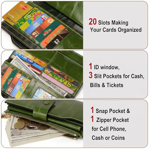 YALUXE Women's Real Leather Wallet RFID Protect 21 Card Slots Phone Pocket - color: 4- Waxed Green, size: Genuine Leather