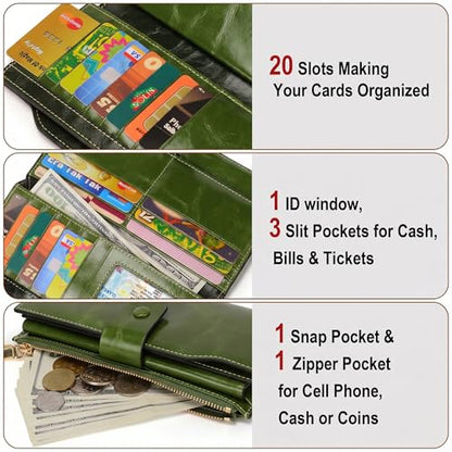 YALUXE Women's Real Leather Wallet RFID Protect 21 Card Slots Phone Pocket - color: 4- Waxed Green, size: Genuine Leather