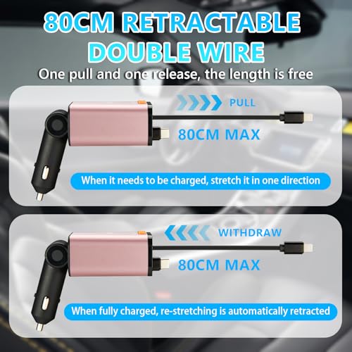 Retractable Car Charger,5 in 1 Fast Cars Phone Charger 60w,Bluetooth 5.3 FM Transmitter Adapter,Handsfree Call,MP3 Player,2 Retractable Cables and USB Chargers, for Phone,Galaxy,Pixel (Pink) - color: Pink
