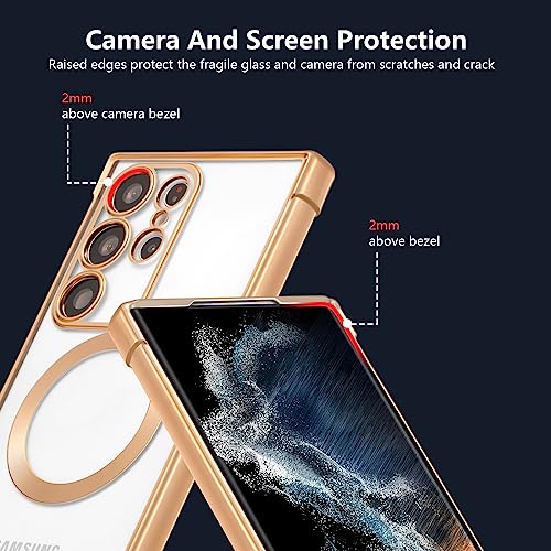 RALEAVO Magnetic Case for Samsung Galaxy S22 Ultra Clear Case Cover [Compatible with Magsafe & Military Grade Drop Protection] Transparent Shockproof Slim Plated Phone Case - Gold - color: Gold, size: S22 Ultra
