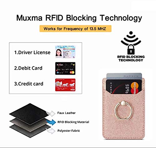 Card Holder Sleeve with Kickstand Ring for Women, 2 Pieces RFID Credit Wallet Glitter Stick On Back Grip for iPhone Samsung Smartphone - Pink + Gold - color: Pink + Gold