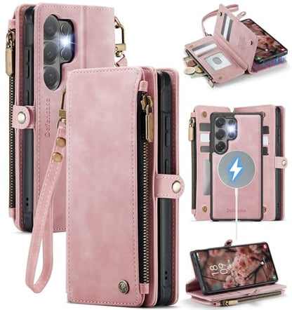 Defencase for Galaxy S26 Ultra Case Wallet Compatible with Magsafe, Pink | Magnetic Detachable, RFID Bolcking Card Holder, Zipper Strap, PU Leather Drop-Proof Phone Cover for Samsung Galaxy S26 Ultra - color: (Detachable with Magsafe)-Pink