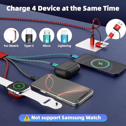 Travel Essentials 4in2 Multi Charging Cable for iPhone Watch Charger, 5FT - color: Red&Black&Turquoise Green&Sky Blue, size: AC to 2C+L+iWatch