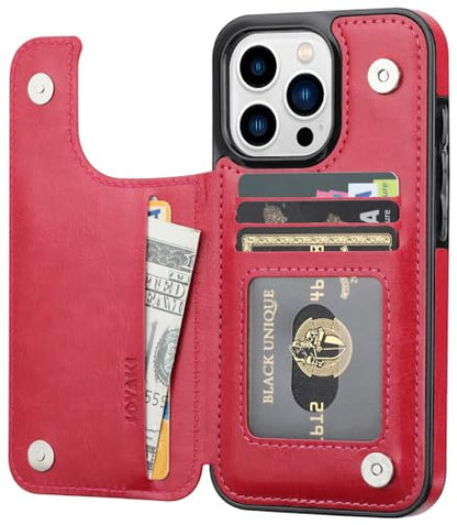 Compatible with iPhone 15 Pro Max 6.7” Wallet Case +1 Screen Protector, Slim Protective case with Card Holder, PU Leather Kickstand Card Slots Case -Rose Red - color: Rose Red