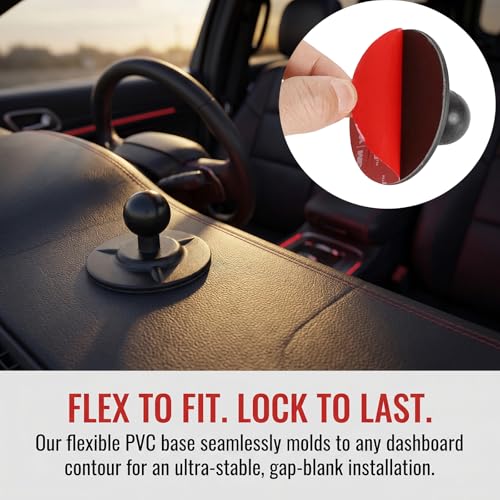 Dashboard Phone Holder for Car, Truck, Boat - Vibration Dampener [Camera Friendly] [1s Lock & Release] [Aluminum Medium Arm], Flex Adhesive 1" Ball Base Phone Mount for 4.7-7.2" Smartphones