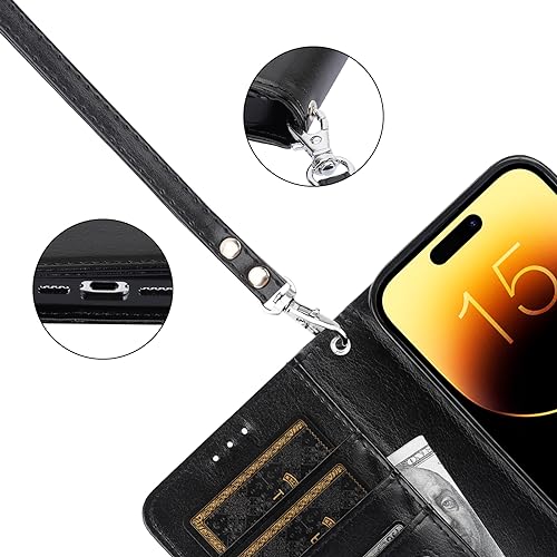 Bocasal Detachable Wallet Case Card Holder for iPhone 15 Pro, Black | RFID Blocking Kickstand Card Slots Holder PU Leather Magnetic Shockproof Wrist Strap Removable Flip Protective Cover 6.1 inch - color: Black