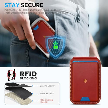SHIELDON Genuine Leather Magnetic Wallet Stand for MagSafe, Retro Red | Strong Magnetic, 6 Card Holder, Kickstand, Angle Adjustment, Rfid Blocking, Quick-access, for iPhone 17/16/15/14/13/12 Series - color: Retro Red