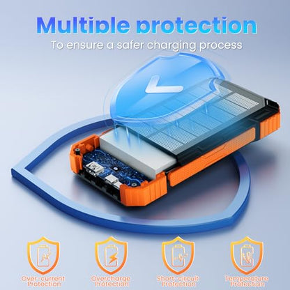 Solar Power Bank 49800mAh - Wireless Portable Charger 15W Fast Charging with 4 Built-in Cables. Equipped with a Powerful Flashlight, IP65 Outdoor Waterproof Power Bank Perfect for Camping, Hiking