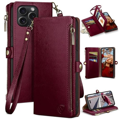 XcaseBar compatible with iPhone 16 Pro 6.3" Wallet case with Zipper Credit Card Holder【RFID Blocking】,Flip Folio Book PU Leather Phone case Shockproof Cover Men Women for Apple 16 Pro case Wine Red - color: Wine Red