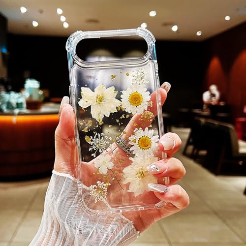 Compatible with iPhone 17 Air Case Clear Flowers Shockproof | Handmade Natural Pressed Dried Real Flower Gliter Shockproof TPU Slim Protective phone cover for women girls - color: White Flower, size: iphone Air