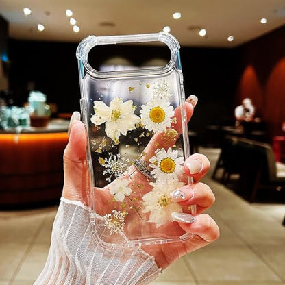 Compatible with iPhone 17 Air Case Clear Flowers Shockproof | Handmade Natural Pressed Dried Real Flower Gliter Shockproof TPU Slim Protective phone cover for women girls - color: White Flower, size: iphone Air