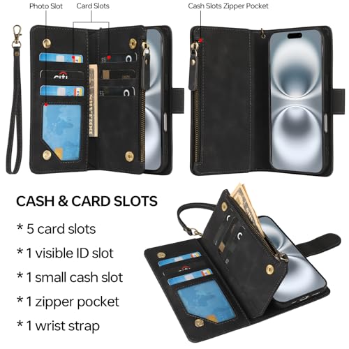 RANYOK Compatible with iPhone 16 Case Wallet - PU Leather Wallet Case for iPhone 16 with Credit Card Holder RFID Blocking Zipper Pocket with Wrist Strap Flip Folio Protective Case (Black) - color: Black, size: iPhone 16, 6.1"