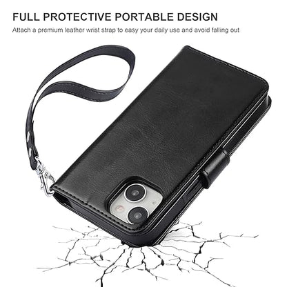 Bocasal Detachable Wallet Case Card Holder for iPhone 15, Black | RFID Blocking Kickstand Card Slots Holder PU Leather Magnetic Shockproof Wrist Strap Removable Flip Protective Cover 6.1 inch - color: Black