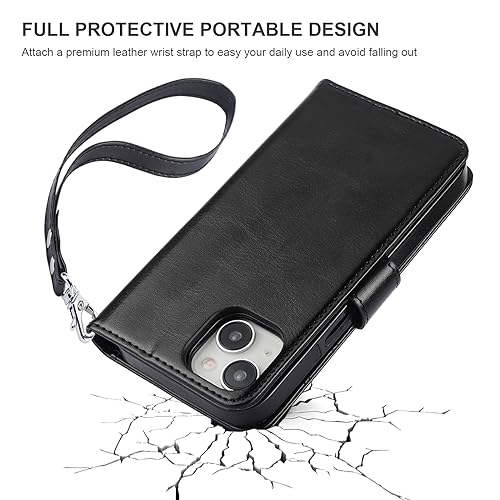 Bocasal Detachable Wallet Case Card Holder for iPhone 15, Black | RFID Blocking Kickstand Card Slots Holder PU Leather Magnetic Shockproof Wrist Strap Removable Flip Protective Cover 6.1 inch - color: Black