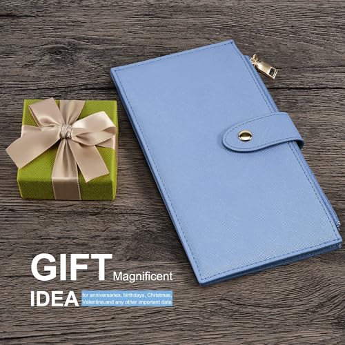 Travelambo RFID Wallet Women Large Size Bifold Multi Card Wallet Case with Zipper Pocke Credit Card Holder for Women - color: Gold Blue
