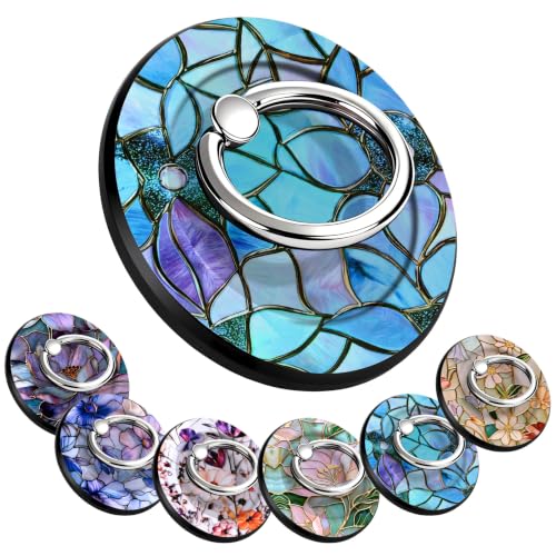 Magnetic Phone Ring Holder with MagSafe, 360° Rotation Super Magnet Finger Grip Removable Kickstand, Cute Stained Glass Floral Designed Stand for iPhone 17 16 15 14 13 12 Pro Max Plus, Blue Flower - color: Blue Flower