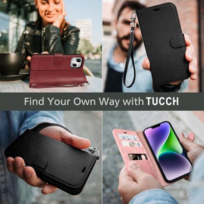 TUCCH Wallet Case with Wrist Strap for iPhone 14 (6.1") 2022, Black | 4 Card Holders, RFID Blocking, Viewing Stand, Shockproof TPU Shell, PU Leather, Magnetic Closure, Folio Flip Cover - color: Black with Strap