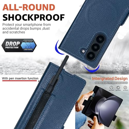 for Samsung Galaxy Z Fold 7 Wallet Case with Card Holder Slots & Compatible with MagSafe, RFID Blocking, Hinge Protection, Magnetic Luxury Leather Slim Wallet Folio Phone Cover (Blue) - color: Blue, size: Z Fold 7