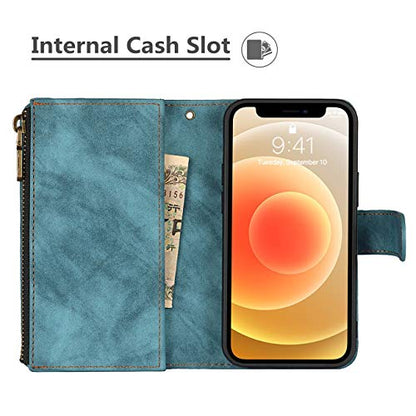 iCoverCase for iPhone 12 Mini Wallet Case with Card Holder and Wrist Strap, PU Leather Kickstand Card Slots Zipper Pocket Magnetic [Detachable] Flip Cover Case 5.4 Inch (Blue) - color: Blue