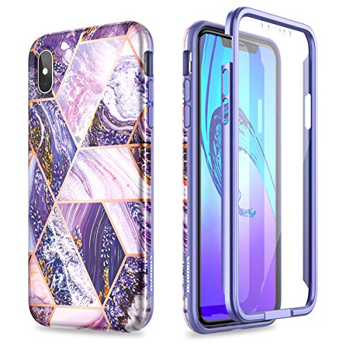 SURITCH Case for iPhone Xs Max,[Built-in Screen Protector] Hybrid Full-Body Protection Dual Layer Soft Silicone Shockproof Bumper Lavender Protective Cover for iPhone Xs max 6.5"(Purple Marble)