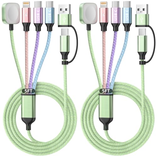 Camping Essentials 4in2 Multi Charging Cable for Apple Watch Charger 5FT2PK - color: Light Green&Pink&Purple&Blue, size: AC to 2C+L+iWatch