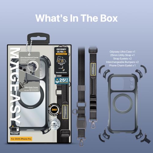 MAGEASY Odyssey Ultra MagSafe 360° Magnetic Stand iPhone 17 Pro Max Crossbody Case with Strap for Men, 25ft Shockproof TPU + Aluminum Frame, Interchangeable Lanyard Eyelets (Mist w/Kickstand) - color: Mist w/ Kickstand, size: iPhone 17 Pro Max