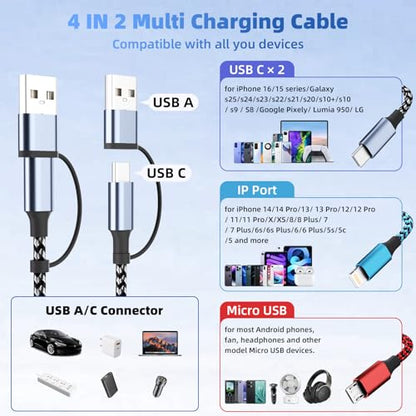 Dual USB-C 4IN2 Multi Charging Cable, USB C Cable for iPhone Series 5FT - color: Gray & Gray & Blue & Red, size: 2Pack&5FT