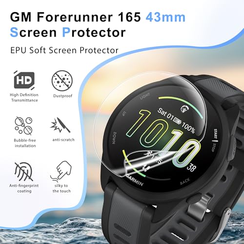 6 Pack Screen Protector for Garmin Forerunner 165 43mm, Soft TPU Film | High Clarity Soft Film, Touch Sensitive, Anti Scratch, Bubble Free, Flexible Screen Protector,Anti Fingerprint - size: For Garmin Forerunner 165 43mm 1.69 Inch