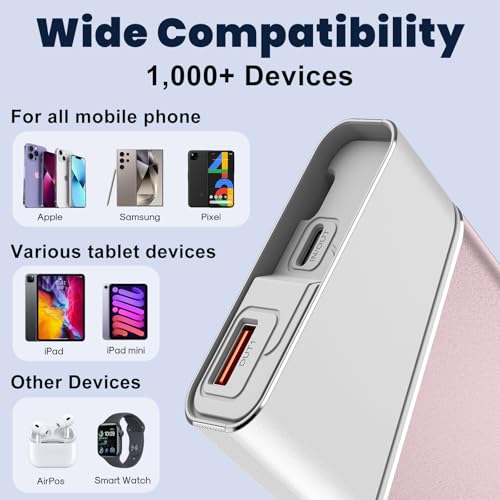 Aaoyun 20000mAh Portable Charger, 22.5W PD Fast Charging Power Bank with Built-in USB C Cable, Slim External Battery Pack Compatible with iPhone 17 16 15 Pro Max, Plus, Samsung S24 Ultra, iPad, Pink - color: Pink