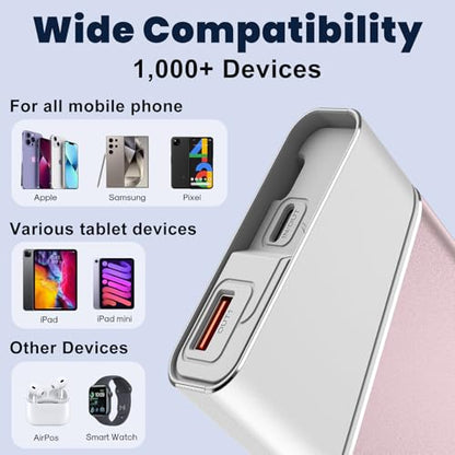Aaoyun 20000mAh Portable Charger, 22.5W PD Fast Charging Power Bank with Built-in USB C Cable, Slim External Battery Pack Compatible with iPhone 17 16 15 Pro Max, Plus, Samsung S24 Ultra, iPad, Pink - color: Pink