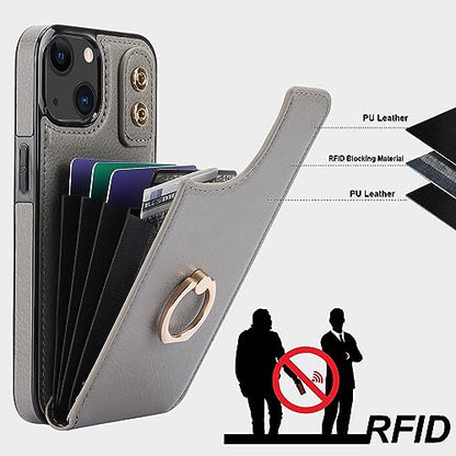 Folosu Compatible with iPhone 13 Case Wallet with Card Holder, 360°Rotation Finger Ring Holder Kickstand Protective RFID Blocking PU Leather Double Buttons Flip Shockproof Cover 6.1 Inch Gray - color: Gray