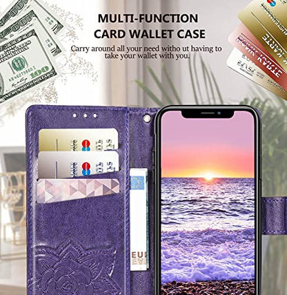 for iPhone 12 Pro/iPhone 12 Wallet Case,Women Flip Folio Cover with Butterfly Embossed PU Leather Kickstand Credit Card Holder Slots Wrist Strap for iPhone 12/12 Pro 6.1 inch (Purple) - color: Purple
