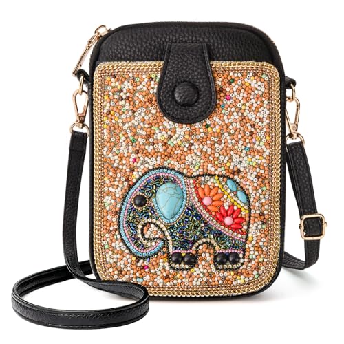 Women's Small Crossbody Cell Phone Bag, Boho Colorful Beaded Purse Wallet with Handmade Cute Patterns - color: Elephant-brown