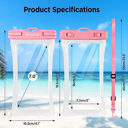 CACOE Floatable Waterproof Phone Pouch 2 Pack Up to 7.0",Blue+Pink | Floatable, IPX8 Waterproof Phone Case,Adjustable Lanyard,Dry Bags for Beach/Cruise/Travel/Camping/Kayak/Vacation Essentials - color: Blue+Pink