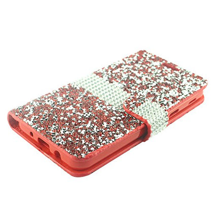 For Samsung Galaxy J7 (2018), J7 Refine, J7 Star, J7V 2nd Gen. SM-J737 - Crystal Diamond Flip Wallet Case + Tempered Glass Screen Protector - Red/Glitter - color: FDS99 Red/Glitter
