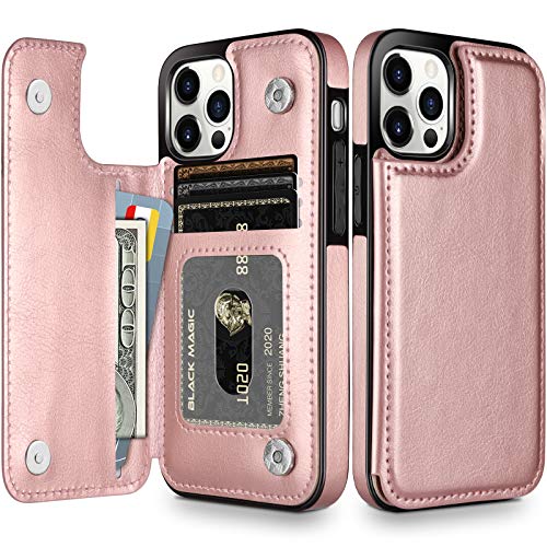 HianDier Wallet Case Compatible with iPhone 12 Pro MAX Case 5G 6.7-inch Slim Protective with Credit Card Slot Holder Flip Folio Soft PU Leather Magnetic Closure Cover, Rose Gold - color: Rose Gold