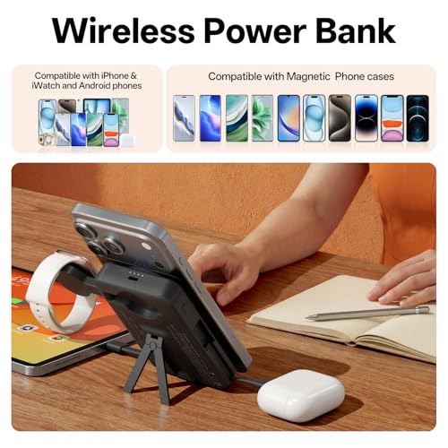 Q Magnetic Wireless Portable Charger 10,000mAh, Travel Essentials Power Bank with Built-in Cables & Foldable Stand, External Battery Pack Compatible with iPhone 17/16/15/14/13/12, Apple Watch - color: Black